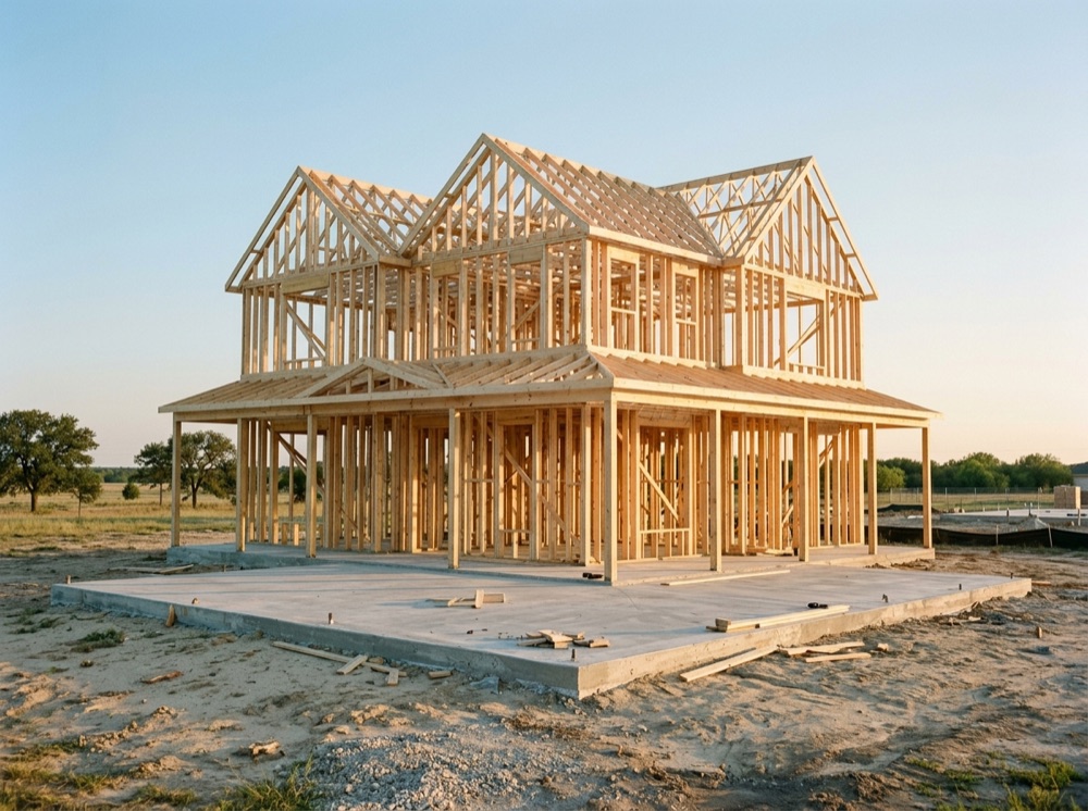 Complete wood framing of a new two-story house standing on a fresh concrete slab in evening light.