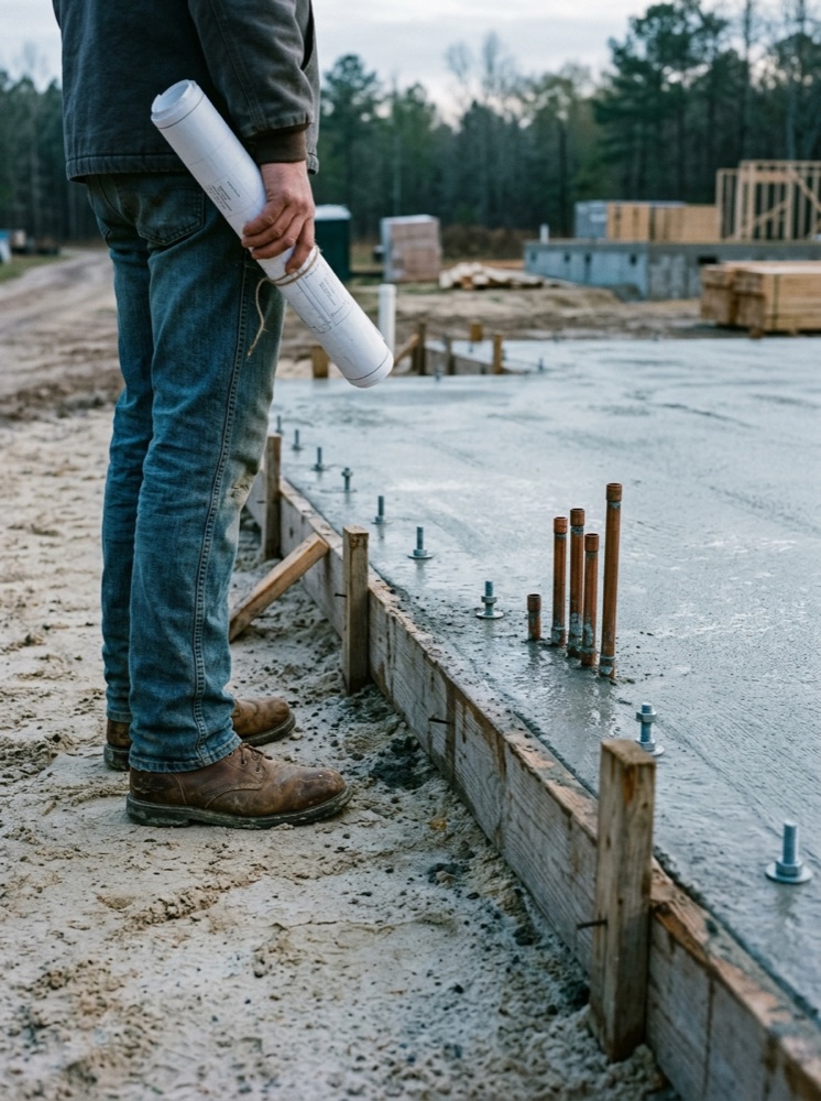 A builder's boots at the edge of a freshly poured foundation slab, a rolled set of drawings in hand.