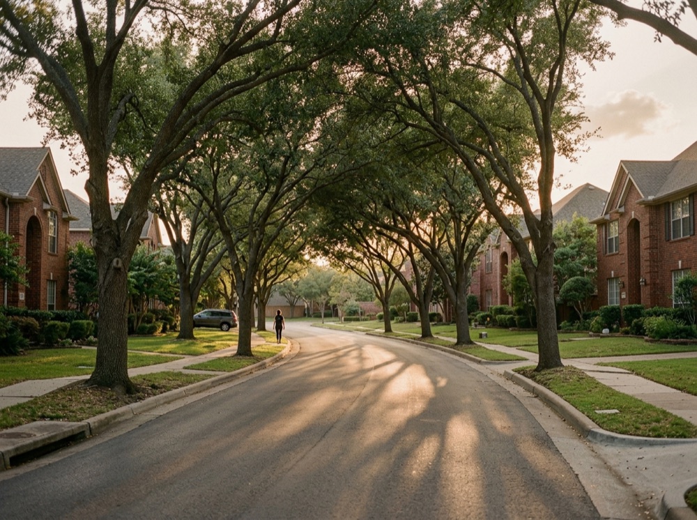 A tree-lined Dallas–Fort Worth street at golden hour.